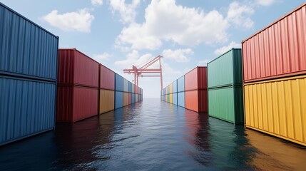 Bustling Industrial Shipping Port with Rows of Colorful Cargo Containers and Towering Cranes