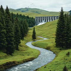 Wall Mural - Majestic waterfall dam in serene green valley landscape with meandering river and evergreen trees, peaceful mountain backdrop, and birds soaring in clear sky