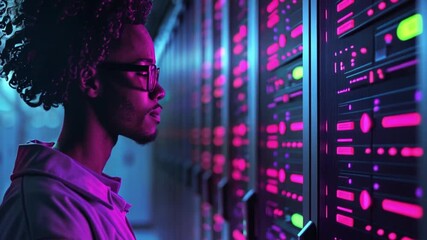 Leinwandbilder - A technical professional closely inspects a server rack glowing with bright pink and blue lights, demonstrating focus and engagement in a contemporary data center environment.