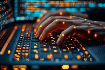 programmer coding on laptop closeup developing software and apps digital web design technologies