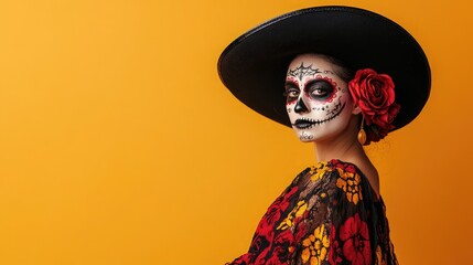 Portrait of a woman wearing day of the dead mexican skull costume