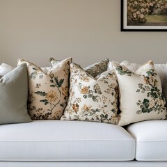 A serene arrangement of soft-colored pillows with intricate floral patterns, set against a clean white couch for a cozy living room vibe