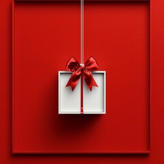 Minimalistic White Gift Box Frame on Red Background with Bow for Holiday and Special Event Designs