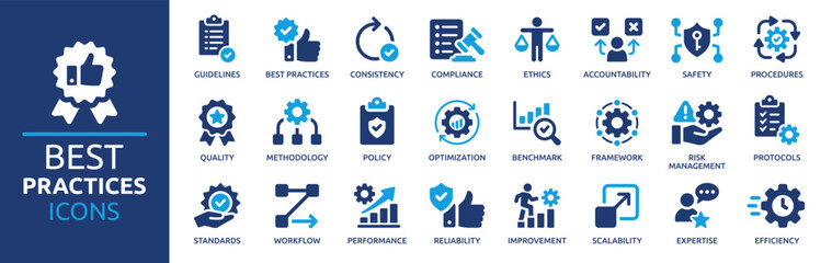 best practices icon set. containing workflow, guidelines, performance, standards, improvement, proto