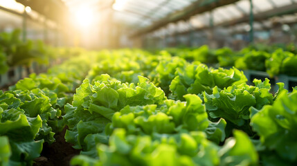 Lush rows of fresh lettuce and greens thrive in spacious greenhouse, basking in warm sunlight, organic vegetables farming agriculture healthy growth nature plant cultivation garden spring harvest