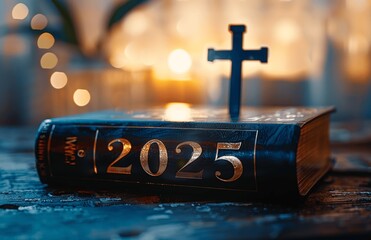 New Year 2024 with Cross on Bible, Sunrise and Sunset Light, Christian Faith and Church Concept