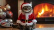 © Thitiwadee - A fluffy cat dressed as Santa Claus, posing by a fireplace