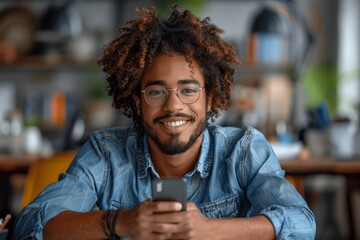 Happy young businessman using smartphone at office desk, smiling male entrepreneur with glasses and blue shirt multitasking at workplace, cheerful professional man holding mobile phone