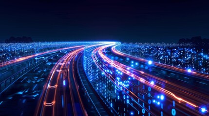 Poster - Binary Code Digital Highway with Light Trails on Dark Blue Background - Futuristic Technology Concept