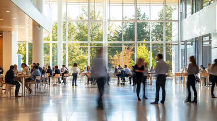 Wall Mural - professional networking event in a bright, modern venue with large glass windows, where people engag