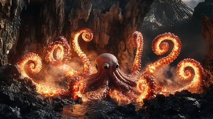 Poster - Fiery Octopus Emerging from a Volcanic Cave.