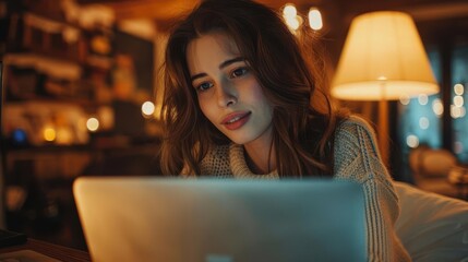 Young woman smiling while using laptop in cozy home setting with warm lighting.