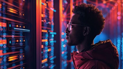 Leinwandbilder - A tech professional examines rows of data servers in a modern facility. The space is filled with colorful lights reflecting off the equipment, creating a dynamic atmosphere.