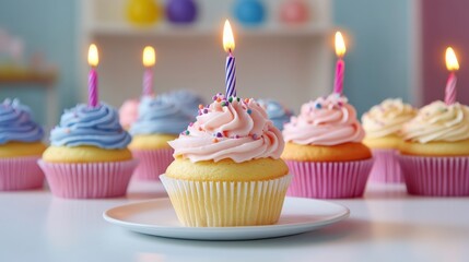 Festive cupcakes with swirled frosting, colorful sprinkles, and lit candles on top, creating a cheerful birthday celebration atmosphere.