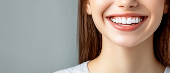 Close-up of a young woman smiling brightly against a neutral background, showcasing her healthy teeth and happy expression.