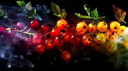 A sprig of red currant with berries of varying degrees of ripeness floats in the air in a mystical smoke on a black background. A multicolored bunch of berries with smoke in the background