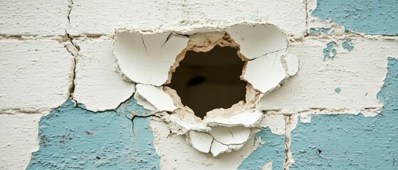 A close-up view of a damaged wall with peeling paint and an exposed hole, highlighting wear and tear in the structure.