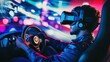 © aubriella - A gamer participating in a virtual reality racing championship, navigating high-speed tracks and competing against global opponents in an adrenaline-fueled digital race, Modern lifestyle scene
