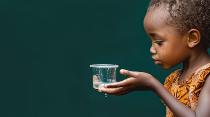 young child facing drought challenges with water cup