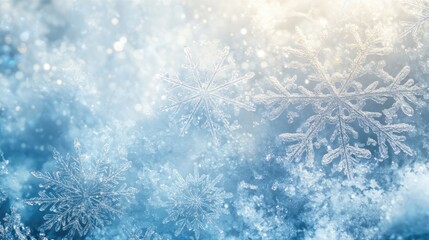 Wall Mural - Winter wonderland snowflake background featuring various intricate snowflake designs on a frosty white and blue backdrop.