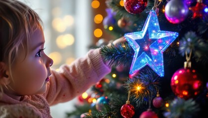 child playing star with christmas tree