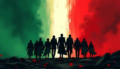 Illustration of silhouettes of several people holding hands on a white, red and green background. depicting solidarity. Generate AI