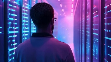 Leinwandbilder - A technician wearing glasses stands in front of server racks, carefully examining technical settings in a vibrant data center lit by blue and pink lights during the evening.