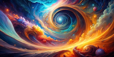 Wall Mural - A Cosmic Tapestry of Swirling Nebulae and Radiant Planets, Illuminated by a Distant Star, Creates a Vivid Symphony of Colors and Light in a Surreal, Ethereal Landscape.
