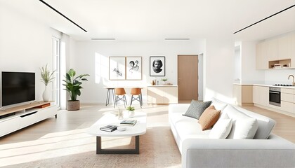 Poster frame mock up in modern home living room interior with white sofa and coffee table with decor, 3d render