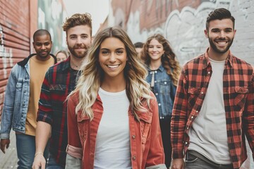 Multiethnic group of young people standing in a row and smiling