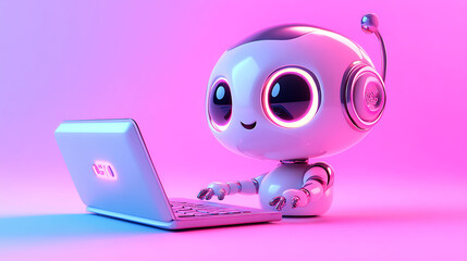 A cute robot with big eyes and an antenna sits in front of a laptop, typing.