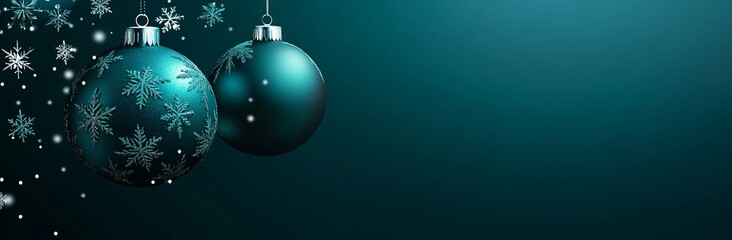 a dark teal background with hanging snowflakes and two large, matte-finish christmas ornaments on th