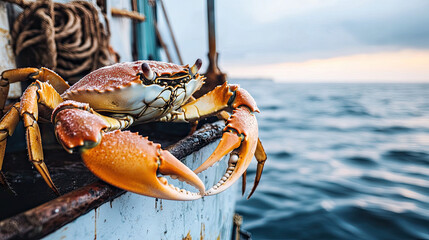 A live snow crab on a fishing boat, freshly caught and still dripping with seawater, set against the ocean background. --chaos