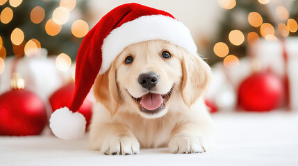 cheerful puppy wearing festive Santa hat brings joy and warmth to holiday season, surrounded by Christmas decorations and bright lights