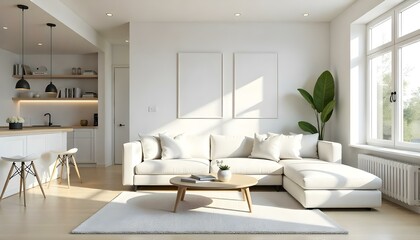 Poster frame mock up in modern home living room interior with white sofa and coffee table with decor, 3d render