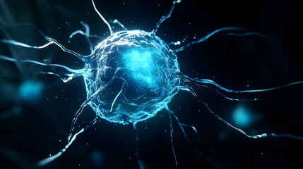 Wall Mural - Glowing Blue Cell with Tendrils on a Black Background