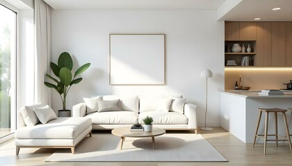 Poster frame mock up in modern home living room interior with white sofa and coffee table with decor, 3d render