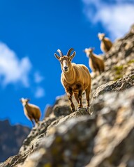 Mountain Goats on Rocky Terrain Under Blue Sky