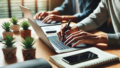 A close-up shot of two professionals working on laptops in a modern office, typing and writing notes, with smartphones and a small potted plant on the table, symbolizing productivity and collaboration