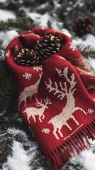 An empty scene featuring blank mockup template (Christmas-themed scarf with reindeer patterns), 