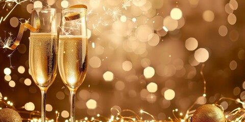 a close-up image features two champagne glasses filled with bubbly champagne, set against a backdrop