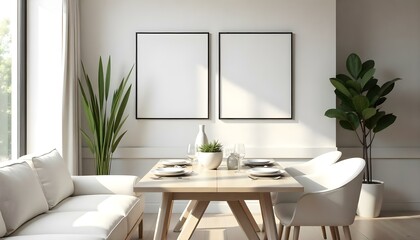 Poster frame mock up in modern home living room interior with white sofa and coffee table with decor, 3d render