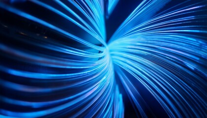 Blue Fiber Optics Stream: Abstract swirl of vibrant blue fiber optic cables, radiating light and energy in a captivating display of technology and connection.