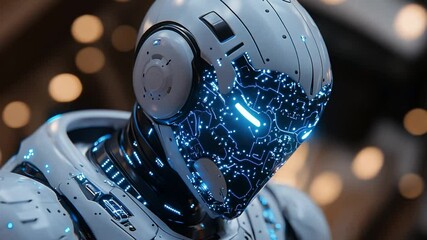 Poster - This highly detailed robotic head showcasing intricate circuitry and blue illumination. Exoskeleton