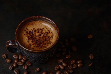 a cup filled with roasted coffee on a dark background