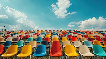 Wall Mural - A wide-angle shot of a stadium with rows of empty plastic chairs, the seats forming a colorful sea under the open sky. The anticipation of the event is captured in the stillness of the empty seats.