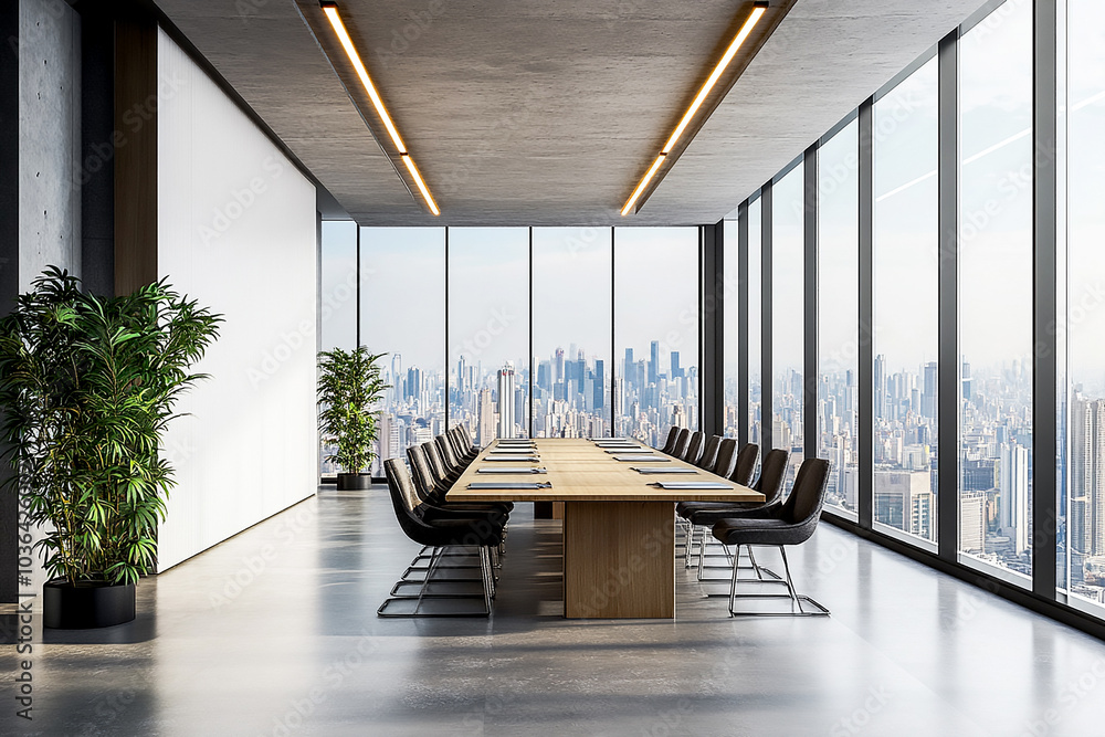 Modern Office Interior Featuring Rows of Work Tables, Large Panoramic ...