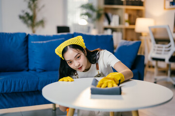 Young woman wearing yellow gloves is diligently cleaning a white coffee table in her modern living room, ensuring a spotless and tidy home environment