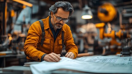 Industrial worker analyzing engineering blueprint in a manufacturing workshop