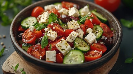 Fresh and colorful mediterranean salad with feta cheese cherry tomatoes and crisp cucumbers for a healthy meal idea